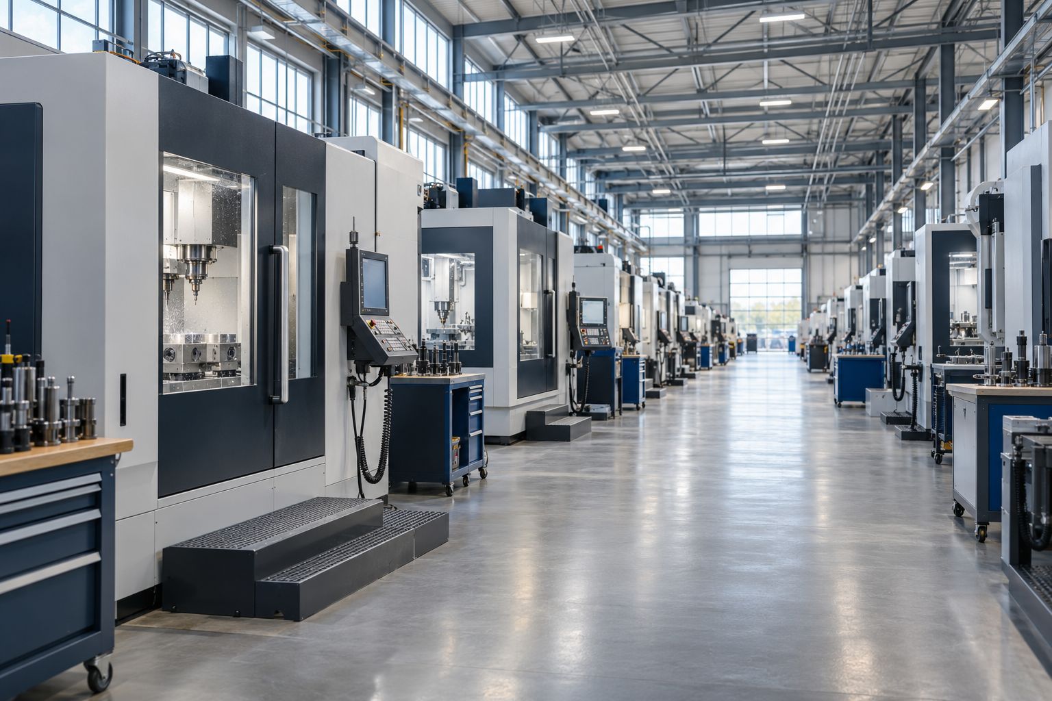 Illustrative image of a modern manufacturing workshop with CNC machines